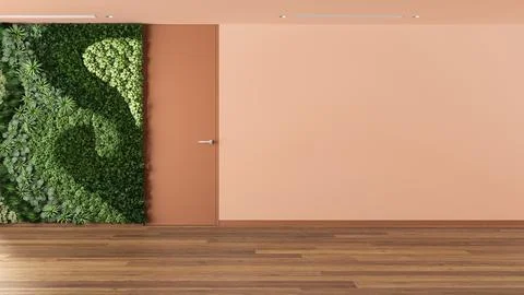 Empty room interior design, open space with vertical garden, parquet floor,.. Illustrazione stock