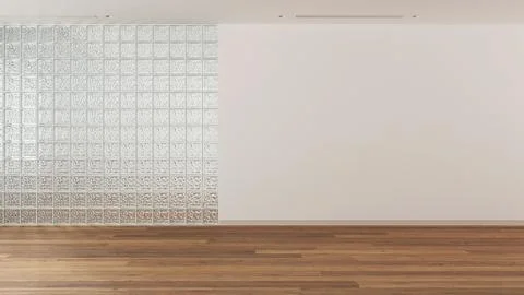 Empty room interior design, open space with parquet floor, white glass bric.. Illustrazione stock