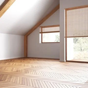 Empty room interior design, open space with parquet floor, wooden sloping c.. Stock Illustration