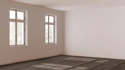 Empty room interior design, open space with dark parquet floor, window and .. Stock Illustration