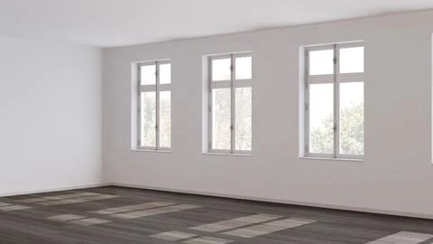 Empty room interior design, open space with dark parquet floor, window and .. Stock Illustration