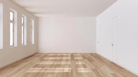 Empty room interior design, open space with parquet floor, window and white.. Stock Illustration