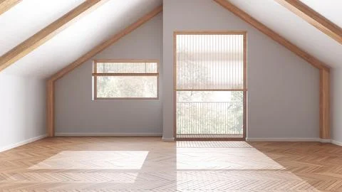 Empty room interior design, open space with parquet floor, wooden sloping c.. Foto stock