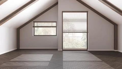 Empty room interior design, open space with parquet floor, dark wooden slop.. Foto stock