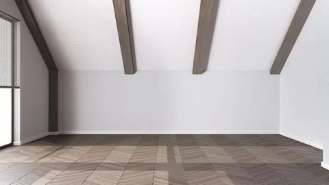 Empty room interior design, open space with parquet floor, dark wooden slop.. Foto stock