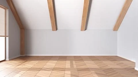 Empty room interior design, open space with parquet floor, wooden sloping c.. Foto stock