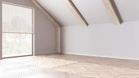 Empty room interior design, open space with parquet floor, bleached wooden .. Foto stock
