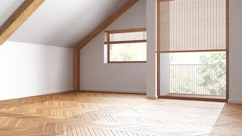 Empty room interior design, open space with parquet floor, wooden sloping c.. Foto stock