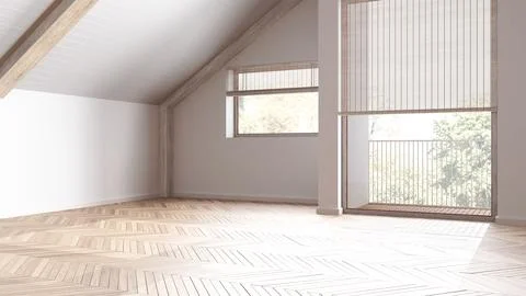 Empty room interior design, open space with parquet floor, bleached wooden .. Foto stock