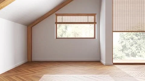 Empty room interior design, open space with parquet floor, wooden sloping c.. Foto stock