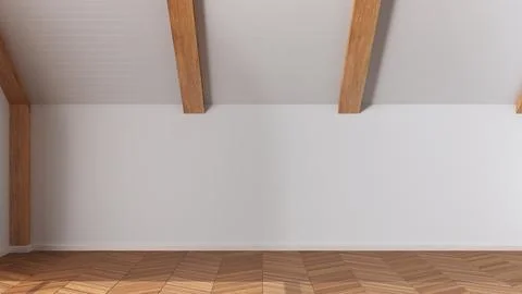 Empty room interior design, open space with parquet floor, wooden sloping c.. Foto stock