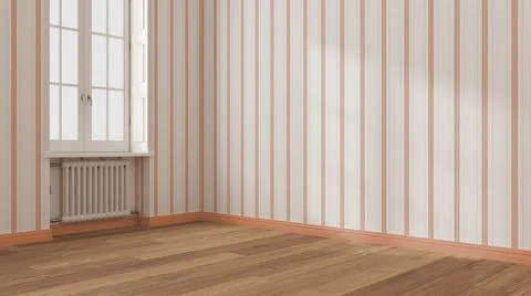 Empty room interior design in orange and white tones, open space with parquet Stock Illustration