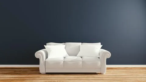 Empty room interior design, sofa and pillow on dark wall background. 3D rende Stock Illustration