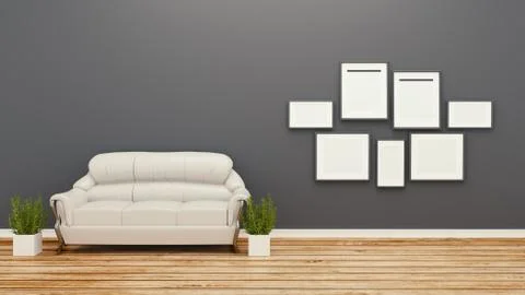 Empty room interior design with sofa on dark wall background. 3D rendering Illustrazione stock