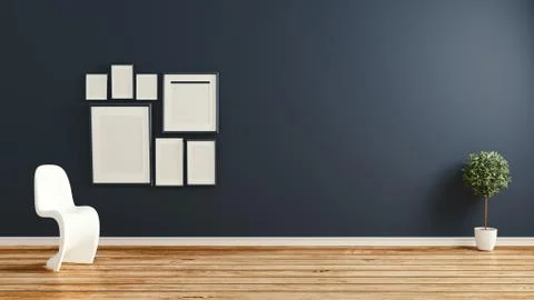 Empty room interior design, white chair and frame on dark wall background. 3D イラスト素材