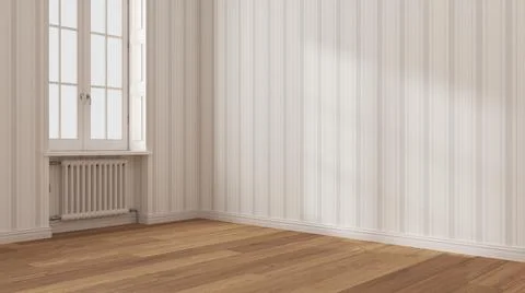 Empty room interior design in white and beige tones, open space with parquet  Illustrazione stock