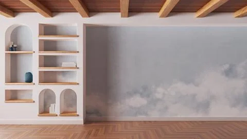 Empty room interior design in white and blue tones with copy-space. Wooden .. Stock Illustration