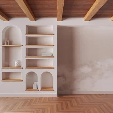 Empty room interior design in white and beige tones. Wooden ceiling, parque.. イラスト素材