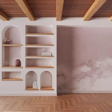 Empty room interior design in white and red tones. Wooden ceiling, parquet .. Illustrazione stock