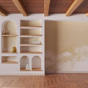 Empty room interior design in white and yellow tones. Wooden ceiling, parqu.. Stock Illustration