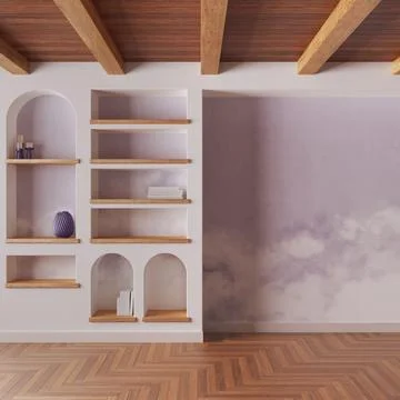 Empty room interior design in white and violet tones. Wooden ceiling, parqu.. Illustrazione stock