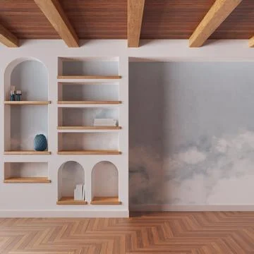 Empty room interior design in white and blue tones. Wooden ceiling, parquet.. Stock Illustration