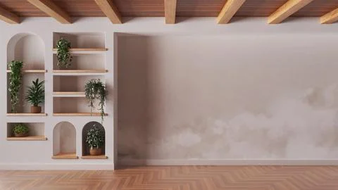 Empty room interior design in white and beige tones with copy-space. Wooden.. Stock Illustration