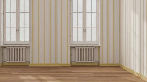 Empty room interior design in yellow and white tones, open space with parquet Illustrazione stock
