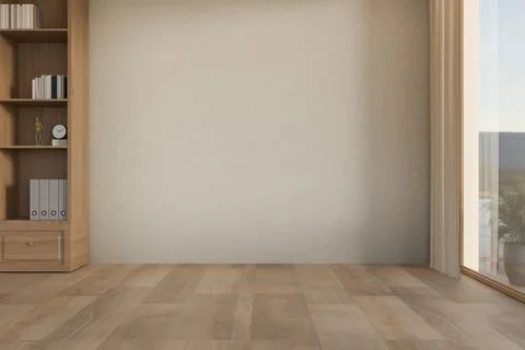 Empty room interior with display shelf on wooden floor, neutral wall and ge.. 스톡 일러스트