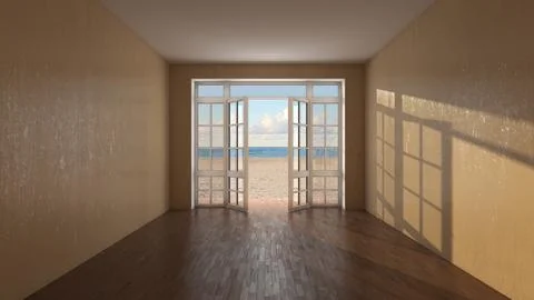 Empty Room Interior with Open Doors to Beach and Ocean View Illustrazione stock