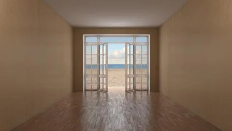 Empty Room Interior with Open French Window Overlooking Sunny Beach and Sea Stock Illustration