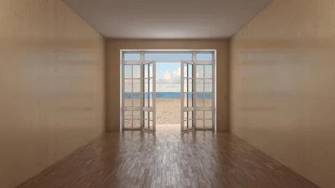 Empty Room Interior with Open French Window Overlooking Sunny Beach and Sea Stock Illustration