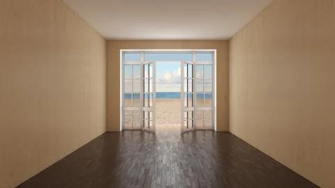 Empty Room Interior with Open Window View to Sandy Beach and Sea Stock Illustration