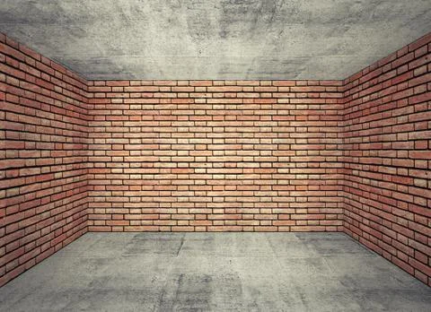Empty room interior with red brick walls and gray concrete floor Ilustración de archivo