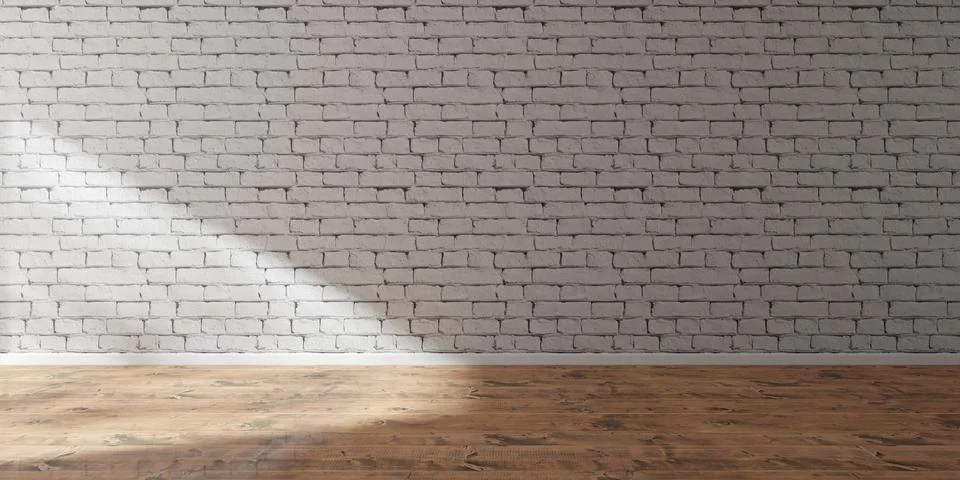 Empty room interior with white brick wall, brown wood floor and window shadow Illustrazione stock