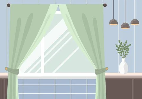 Empty room interior with window with curtains. Wall design mockup with flower Illustrazione stock