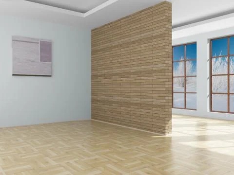 Empty room. Landscape behind the open window. 3D image Illustrazione stock