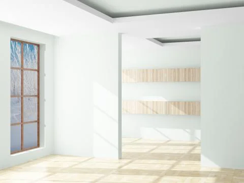 Empty room. Landscape behind the open window. 3D image Illustrazione stock