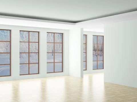 Empty room. Landscape behind the open window. 3D image Illustrazione stock