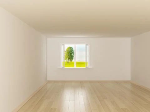 Empty room. Landscape behind the open window. 3D image Illustrazione stock