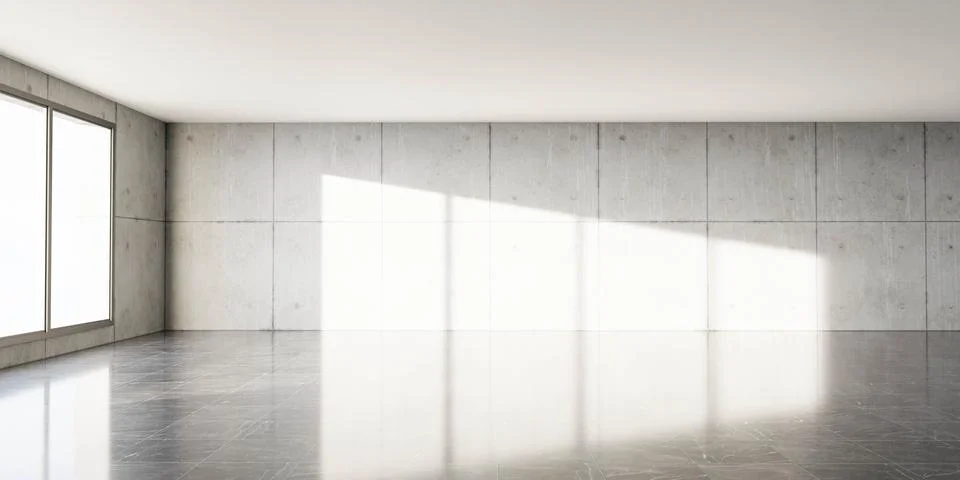 An Empty Room with a Large Window and a Concrete Wall 3d render illustration Stock Illustration