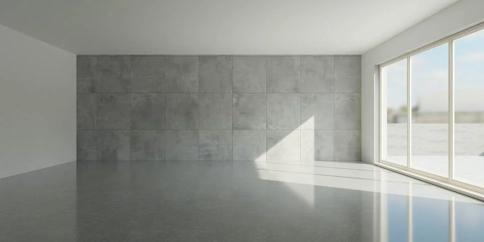 An Empty Room with a Large Window and a Concrete Wall 3d render illustration Stock Illustration