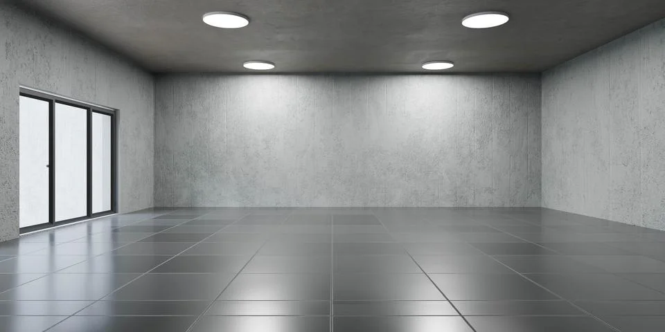An Empty Room with a Large Window and a Concrete Wall 3d render illustration Stock Illustration