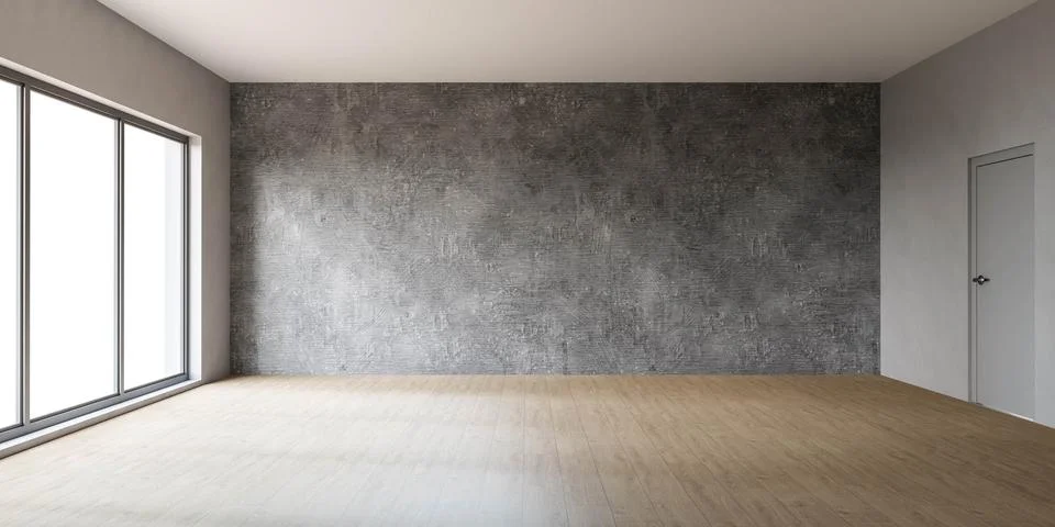 Empty room with large window and wooden floor 3d render illustration Stock Illustration