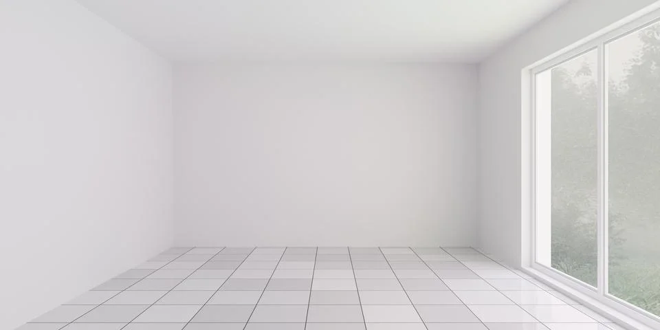 Empty room with large window and tiled floor 3d render illustration Stock Illustration