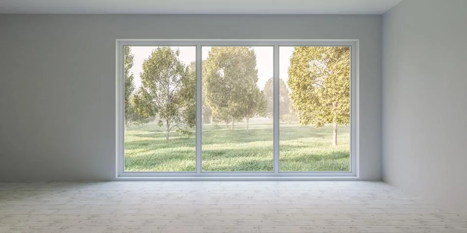 Empty room with large window overlooking field 3d render illustration Stock Illustration