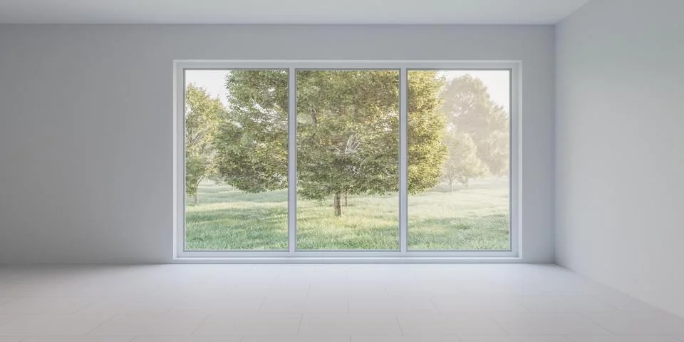 Empty room with large window overlooking field 3d render illustration Stock Illustration