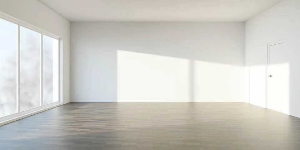An Empty Room With Large Windows and a Door 3d render illustration Stock Illustration