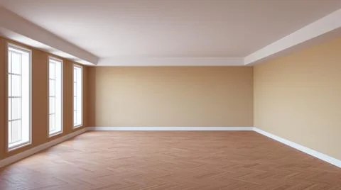 Empty Room with Light Beige Walls, Cornice, Three Large Windows Stock Illustration