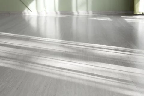 Empty room with light gray laminate flooring and green wall, Sun rays creatin Stock Photos